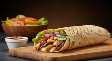 Pita-Wrapped Shawarma Roll Overflowing with Tender Beef and Chicken photo