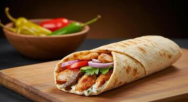 Crisp Fresh Vegetables with Chicken and Beef Shawarma in Pita photo