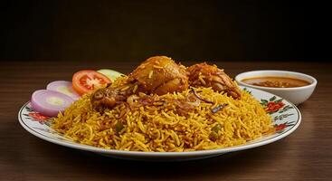 Tempting Chicken Biryani Dish with a Vibrant Background Scene photo
