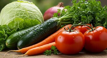Natural Sunlight on Assorted Fresh Vegetables and Herbs photo