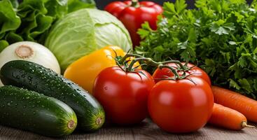 Crisp Fresh Vegetables on Rustic Wood Table Background photo