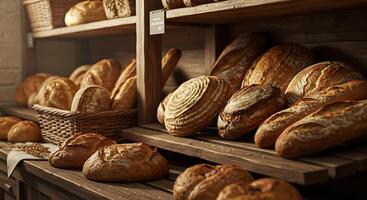 Photorealistic Bread Display in Rustic Wooden Bakery Setting photo