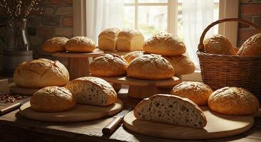 Golden Crust Bread Artfully Displayed in Authentic Bakery Setting photo