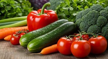 Assortment of Colorful Vegetables on Rustic Wooden Background photo