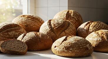 Beautiful Artisan Bread in Authentic Rustic Bakery Atmosphere photo