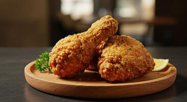 Realistic Fried Chicken on Wooden Table in Soft Sunlight photo
