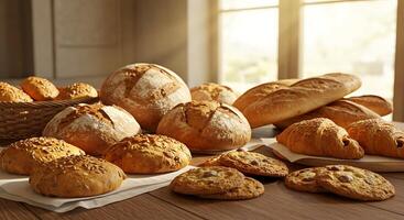 Delicious Pastries Arranged on Rustic Wood in Sunlight photo