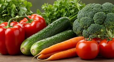 Fresh Vegetables on Rustic Table Captured with Sharp Focus photo