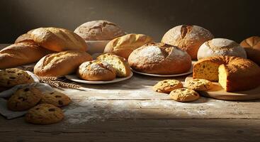 Freshly Baked Pastries in a Sunlit Artisan Bakery Scene photo