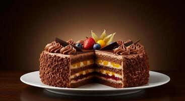 Photorealistic Chocolate Layer Cake with Glossy Topping photo