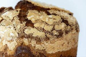 Cake top view, panettone delicious bakery close up crust showing detailed texture and cracks photo