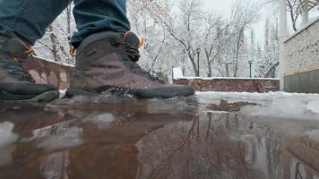 Amidst a breathtaking winter landscape, a snowblanketed path with newly formed footprints reflects shimmering puddles, encapsulating the beauty and enchanting magic of this season video