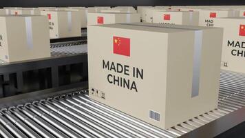 Animation of Product Boxes with Made in China Label Moving on a Roller Conveyor video