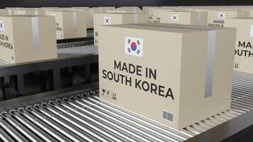 Animation of Product Boxes with Made in South Korea Label Moving on a Roller Conveyor video