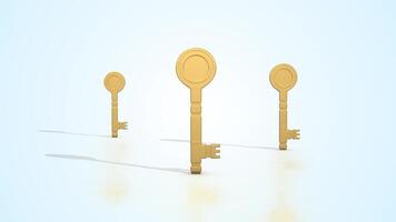 Room Keys on a Light Reflective Floor. Stylized Golden Keys 3D Animation. 4K video