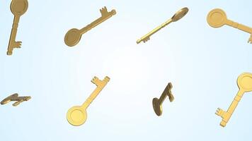 Golden Room Keys Falling on a Light Blue Background. Stylized Keys 3D. 4K video