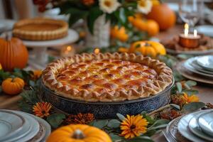 Thanksgiving Pie on Table with Pumpkins and Candles photo