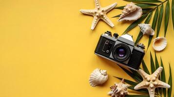 Flat lay of a vintage film camera on a vibrant yellow background, surrounded by tropical starfish, seashells, and palm leaves, minimalistic summer vacation theme photo