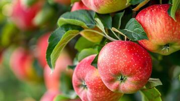 Red apples hanging on tree branches copy space background photo