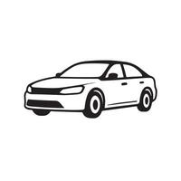 Simple black and white drawing of a modern sedan shown in side front perspective with clean lines and minimal detailing suitable for icons logos and design projects vector