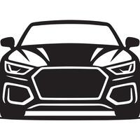 Stylized black and white front view of a sleek sports car featuring bold curves sharp headlights and a wide grille perfect for automotive themes and modern design projects vector