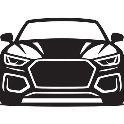 Stylized black and white front view of a sleek sports car featuring bold curves sharp headlights and a wide grille perfect for automotive themes and modern design projects