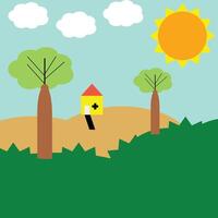 Explore a vibrant countryside landscape featuring lush trees a small house sunny skies green fields and rolling hills creating a bright and peaceful natural environment perfect for all vector