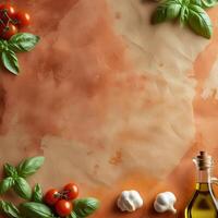 A rustic backdrop with fresh basil leaves, ripe cherry tomatoes, garlic cloves and a bottle of olive oil evokes the atmosphere of Mediterranean cuisine. photo