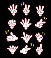Various hand gloves cartoon in red outline and black background. Retro cartoon gloved hands gestures. Thumb up, finger count, forefinger pointing, fist and palm waving hello. eps 10 file vector