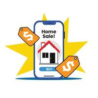 Rent home app displaying a house. Considering purchase of a property. White background with yellow spark explosion. vector
