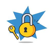 A lock and key icon with a starburst background vector