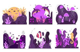 Underwater world. Ocean creatures a graceful stingray soaring above the bottom, a transparent jellyfish with delicate tentacles vector