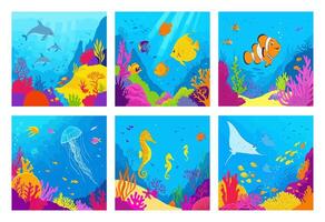 Ocean creatures a graceful stingray soaring above the bottom, a transparent jellyfish with delicate tentacles vector