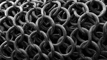 Interlocking steel rings of chain create a complex pattern and texture in a close-up view photo