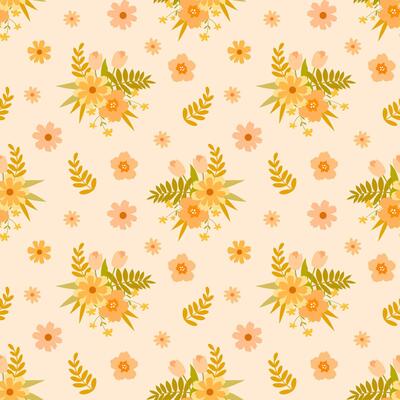 Seamless floral pattern in warm pastel colours with tulips, daisies, twigs and decorative leaves. Ideal for packaging, textiles, cards and invitations