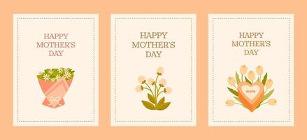 Delicate Mother's Day cards with floral arrangements in warm pastel colors. Three separate designs with the inscription - Happy Mother's Day. Ideal for print and digital use. vector