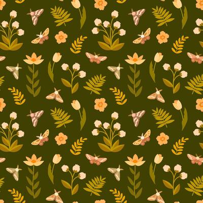 Seamless floral pattern with flowers, tulips, daisies, butterflies, twigs and leaves on a dark green background. Ideal for packaging, textiles, cards, invitations, cover