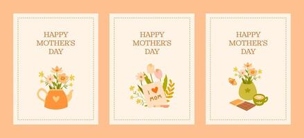 Delicate Mother's Day cards with floral arrangements in warm pastel colors. Three separate designs with the inscription. Ideal for print and digital use. vector