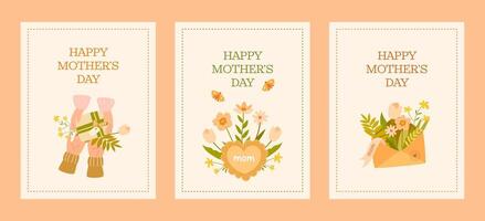 Delicate Mother's Day cards with floral arrangements in warm pastel colors. Separate designs with the inscription. Ideal for print and digital use. vector