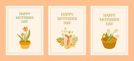 A delicate Mother's Day card with floral arrangements in warm pastel colors. Three separate designs with the words. Ideal for print and digital use. vector