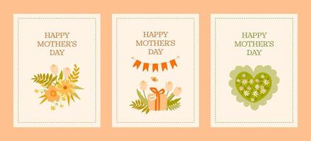 Happy Mother's Day. Delicate Mother's Day cards with floral arrangements in warm pastel colors. Three separate designs with the inscription. Ideal for print and digital use. vector