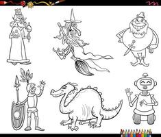 funny cartoon fantasy characters collection coloring page vector