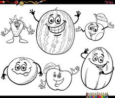 happy cartoon fruit food objects characters set coloring page vector