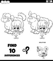 differences puzzle with cartoon girl and her shaggy dog coloring page vector