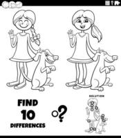 differences puzzle with cartoon girl and her dog coloring page vector