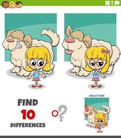 differences puzzle with cartoon girl and her shaggy dog vector