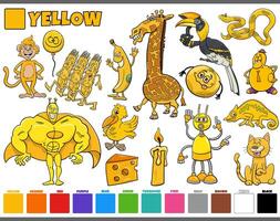 set with cartoon characters and animals or objects in yellow vector