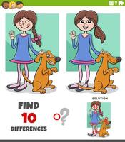 differences puzzle with cartoon girl and her dog vector
