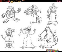 funny cartoon fantasy and fairy tale characters set coloring page vector