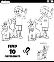 differences puzzle with happy cartoon boy and his dog coloring page vector